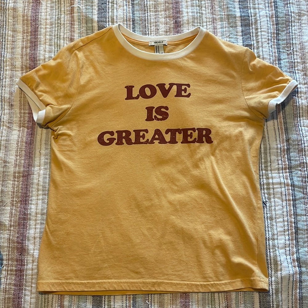 Yellow “Love is Greater” Slightly Cropped Tee!